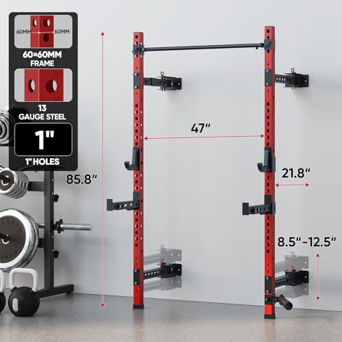 QSNSILK 2.36" x 2.36" Folding Squat Rack, Wall-Mounted Power Cage with Pull-up Bar, J-Hooks, Landmine, Spotter Arms, 1000LBS Capacity