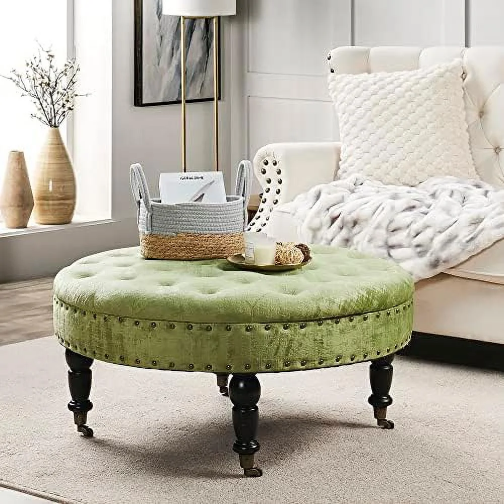 Green Tufted Round Ottoman Coffee Table 34"x 34"x 17"