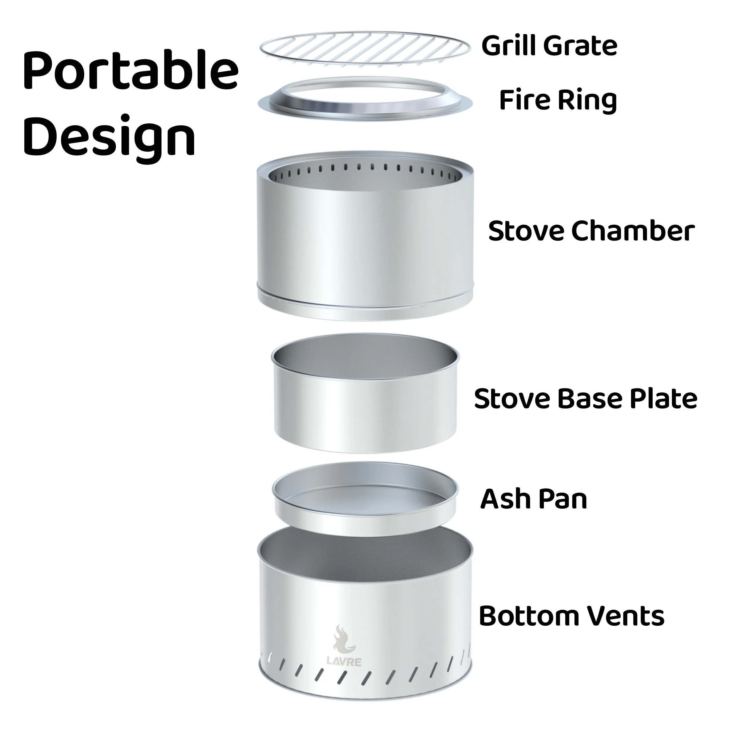 LAVRE Stainless Steel Smokeless Fire Pit with Grill, Outdoor Portable Wood Burning Fire Pits for Bonfire, Camping