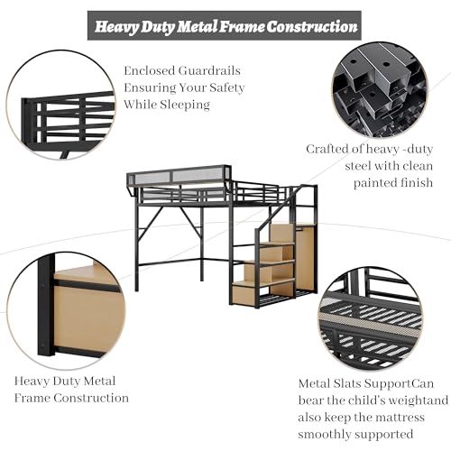 Full Size Loft Bed with Desk and Stairs, Heavy-Duty Steel Loft Bed Frame with Wardrobe & LED Light