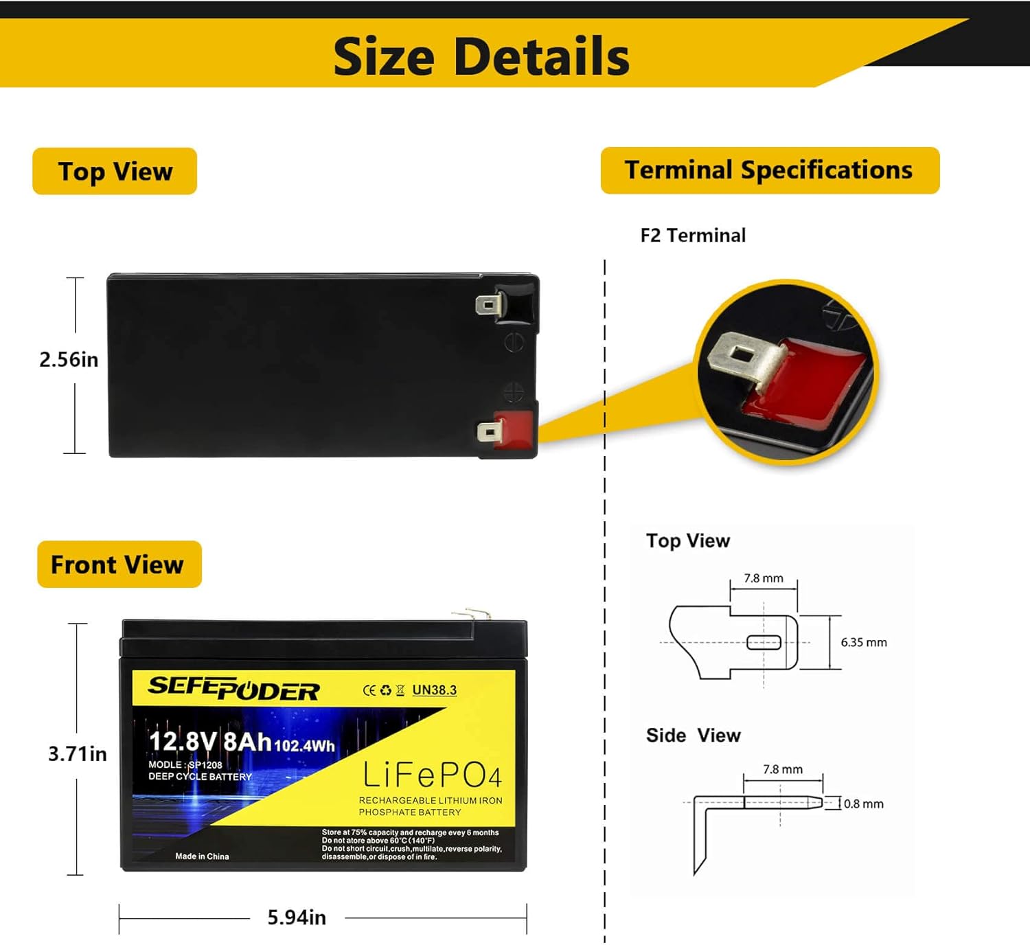 12V 12Ah LiFePO4 Lithium Ion Rechargeable Battery, 2000+ Deep Cycle Maintenance-Free Battery for Solar Power, UPS Backup, Lighting, Power Wheels