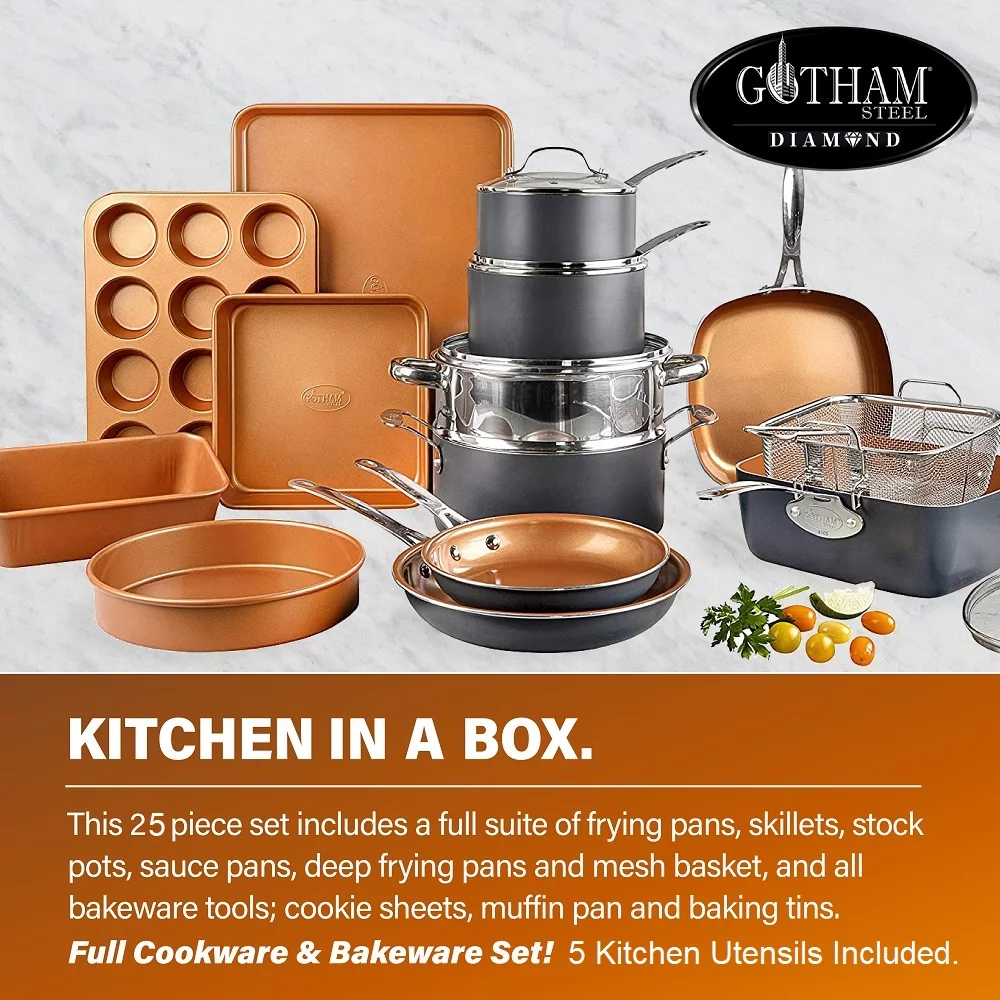 Gotham Steel Kitchen-in-a-box 25 Piece Cookware set, Non-stick Pots & Pans with Utensils, Graphite/Copper