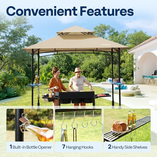 VIVOHOME 8&times;5 ft Grill Gazebo Outdoor BBQ Patio Canopy Tent with Double Tiered Vented Top & 2 Side Shelves, Beige