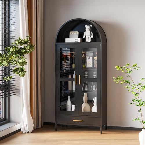 Metal Arched Storage Display Cabinet in Black with Drawer, Arched Cabinets with Glass Doors and Shelves for Living Room, Kitchens and Bedrooms