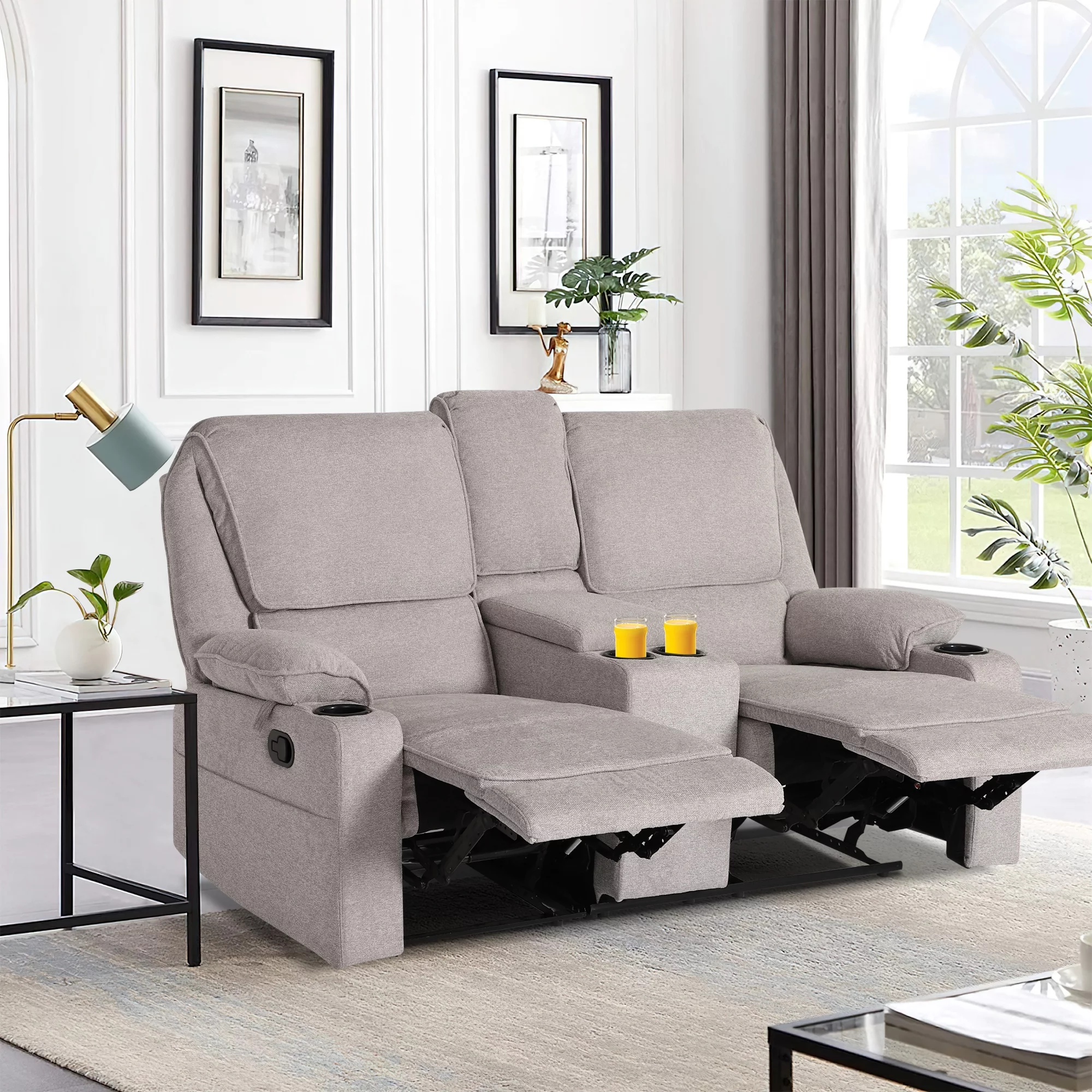 Reclining Sofa, 2 seater Manual Recliner Sofa with Cup Holders,  Central Console Manual Reclining Loveseat for Living Room ,Home Theather Light Gray