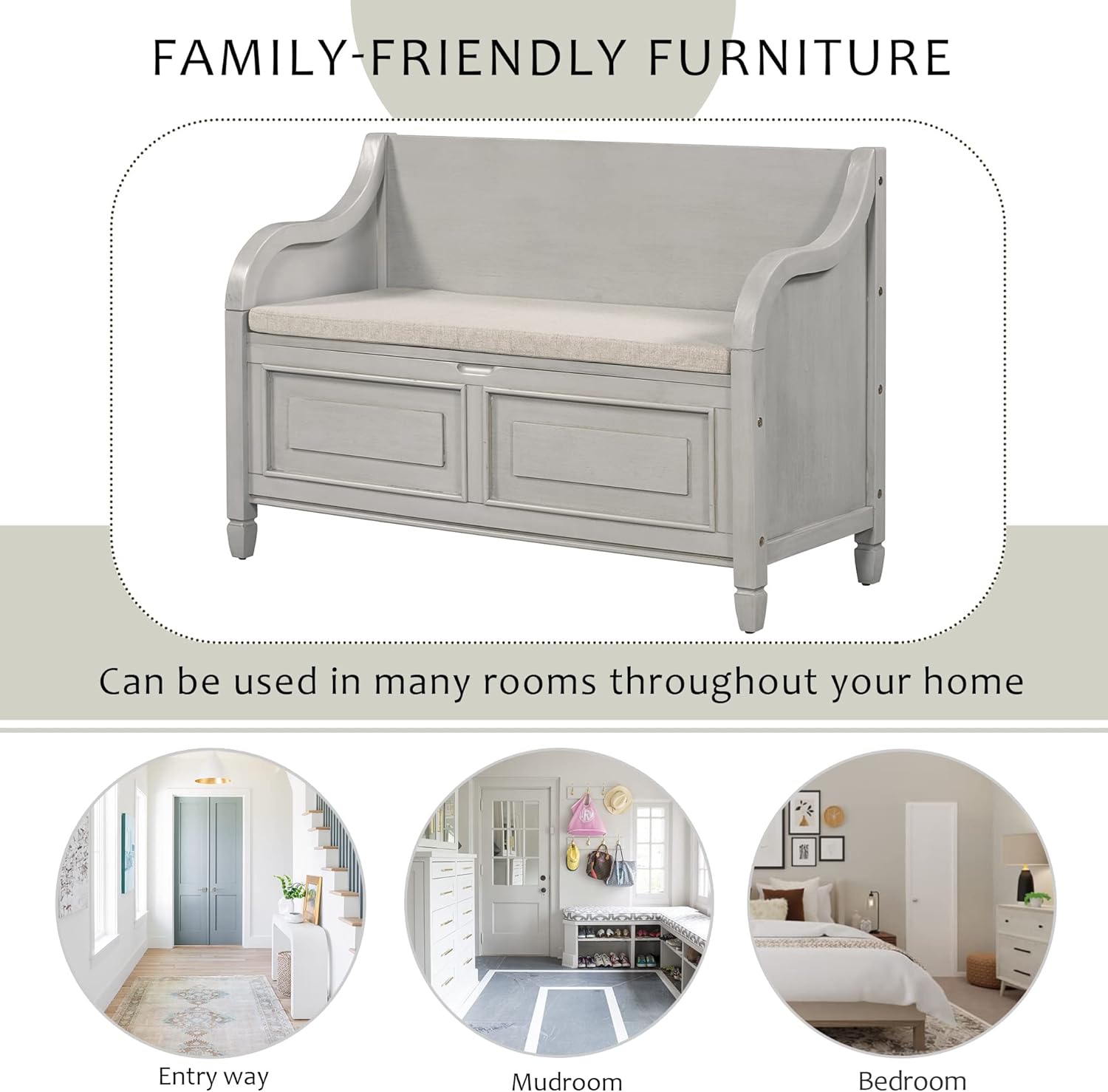 HOUAGI Rustic Storage Bench with Backrest and Hidden Storage,Entryway Multifunctional Bench with Safety Hinge for Foyer,Mudroom,Under Window
