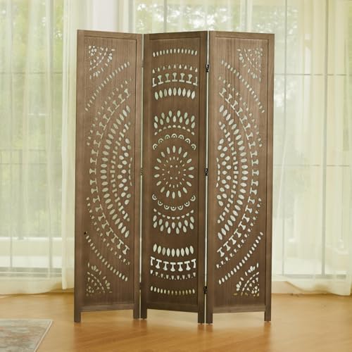 66.9Inch Folding Room Divider, 6 Panels Wood Carved Privacy Screens