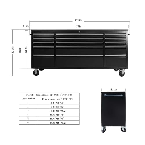 CHETTO C 72 in Rolling Tool Chest with Drawers MobileTool Cabinet Storage Lock Key Wheels Locking System Drawer Liners for Garage Warehouse Repair
