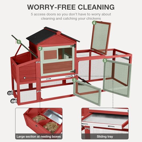 Chicken Coop for Outdoor - Poultry Cage with Wheels, Nesting Box, Leakproof Pull-on Tray, and Asphalt Waterproof Roof - Grey