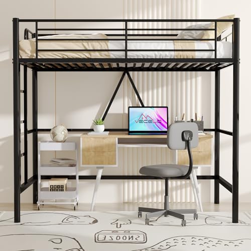 VECELO Loft Bed Twin Size, Metal Bedframe with Removable Ladder and Safety Guardrail, No Box Spring Needed, Space Saving, Noise Free, Pink