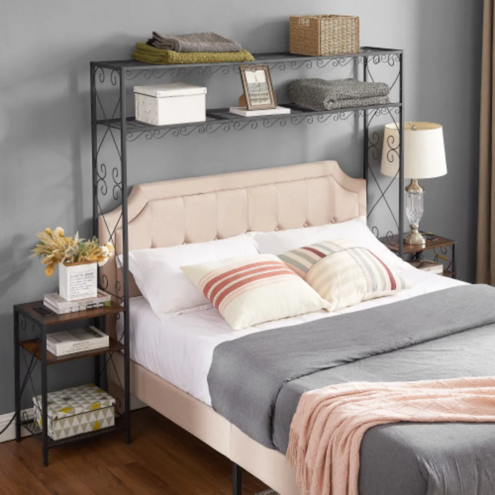 Queen Bed Frame with 2 Nightstands Headboards with Storage Cabinet, Headboard with Shelves