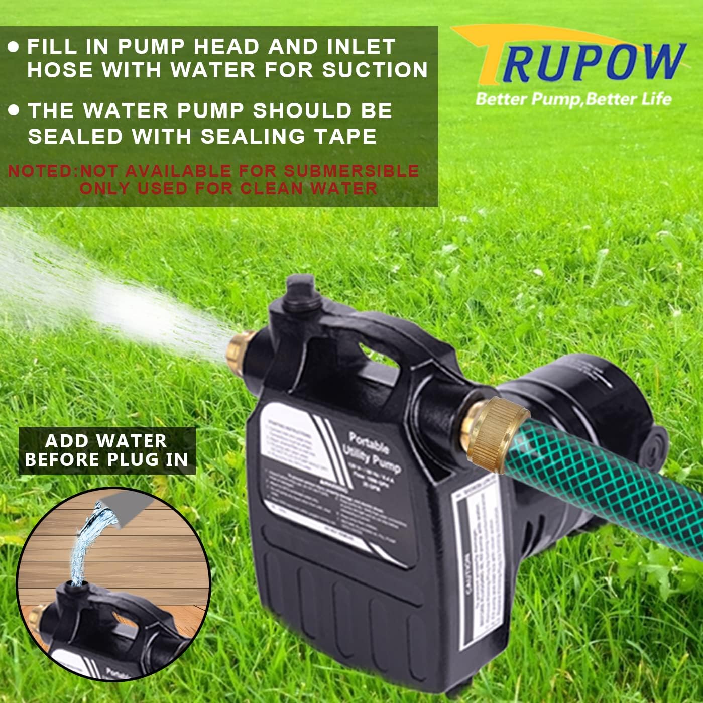Trupow 1/2HP 1450GPH 115-Volt Cast Iron Portable Electric Power Utility Transfer Water Pump with Suction Strainer and Kits