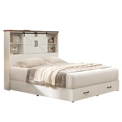 HOWE King Size Bed Frame, Wood Platform Bed Frame with 51.2" Bookcase Headboard, Storage Bed with Sliding Barn Door Charging Station 2 Drawers