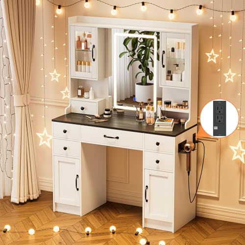 NUNU LAB 42 Inchs Large Vanity Desk with Mirror and Lights with 6 Drawers and 4 Cabinets, Big Women Makeup Table with Power Outlet