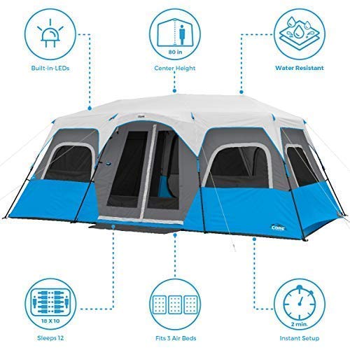 CORE Instant Cabin Tents with LED Lights | 6 Person / 9 Person / 12 Person Family Multi Room Lighted Pop Up Tents for Camping | Included Storage