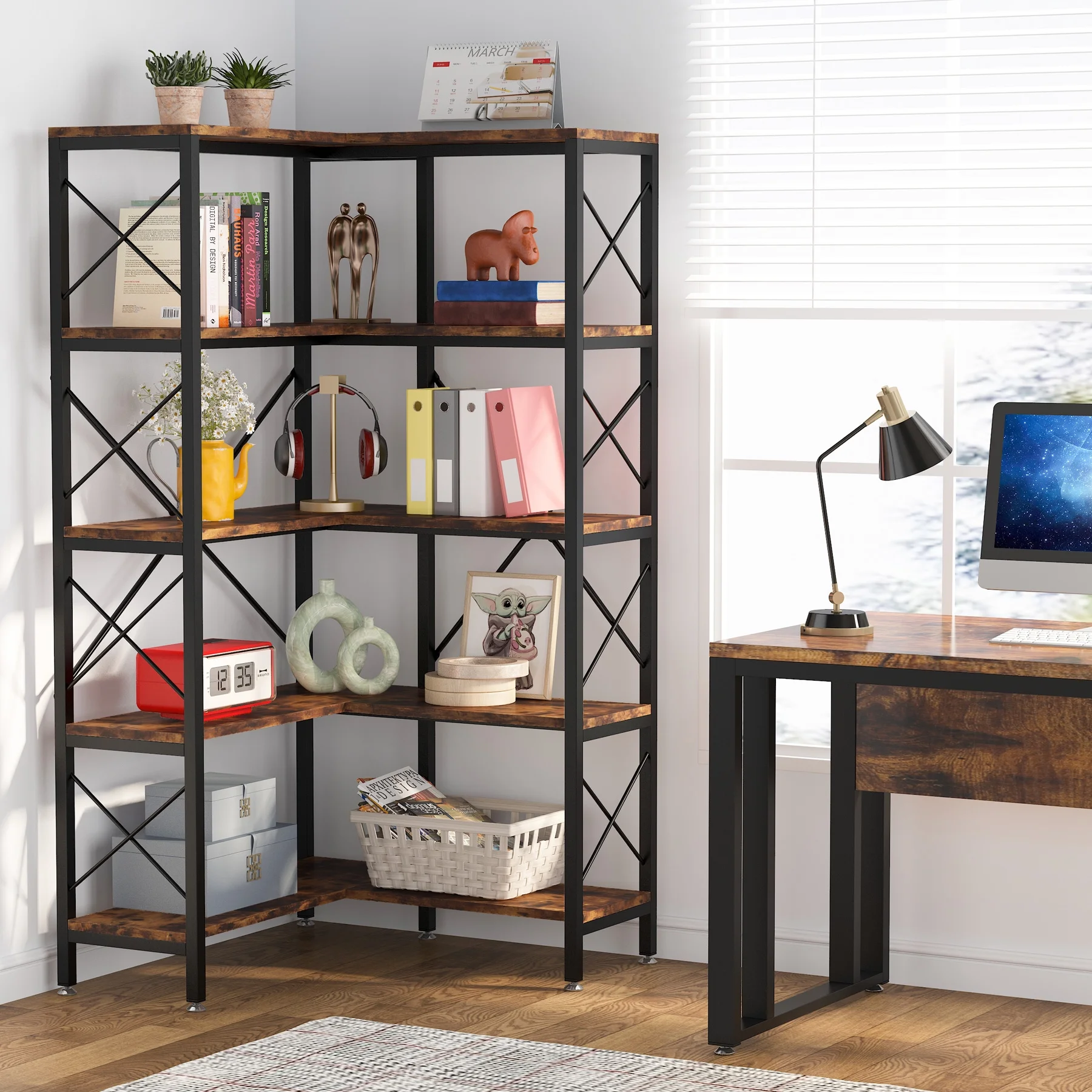Tribesigns 5-Tier Bookshelf, Modern Corner Bookcase, Tall Corner Shelf Open Display Rack for Living Room Home Office, Rustic Brown
