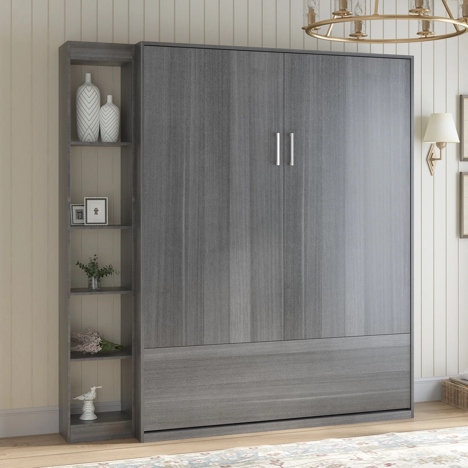 MUZZ Foldable Murphy Bed with 1 Side Cabinet, Folding Wall Bed with Space Saving Design, Fold up Murphy Bed Cabinet for Storage