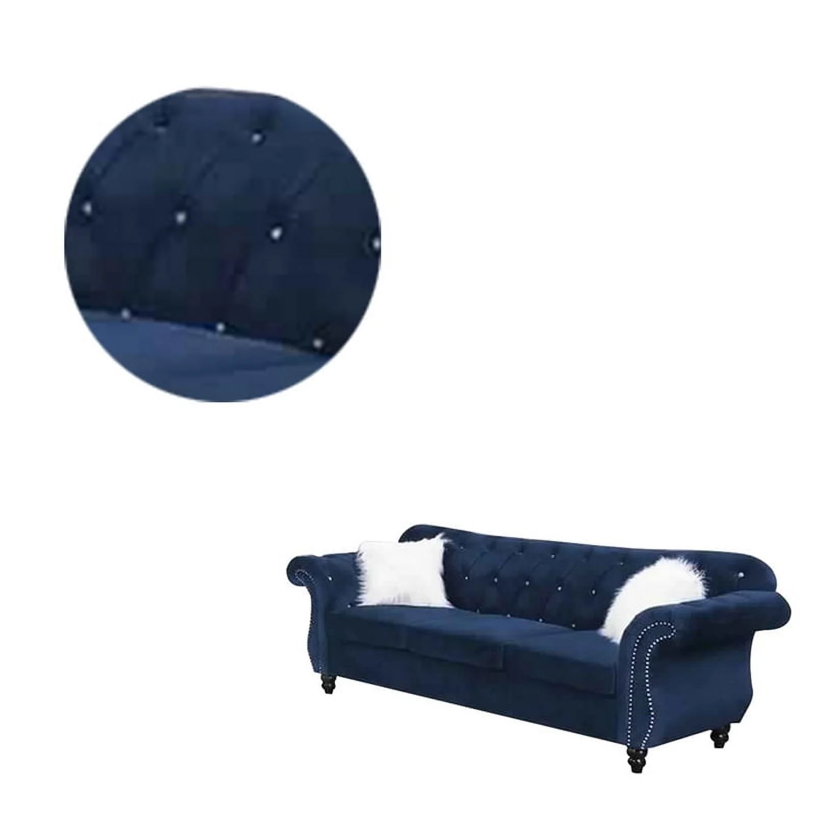 93 Inches Nailhead Trim Velvet Sofa with Crystal Tufting, Blue