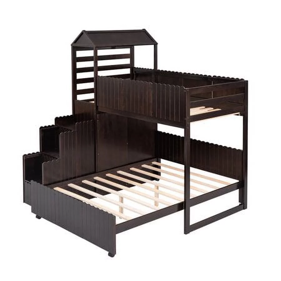 CHURANTY Wood Twin Over Full Loft Bed Stairway House Bed with Stairs and Drawers