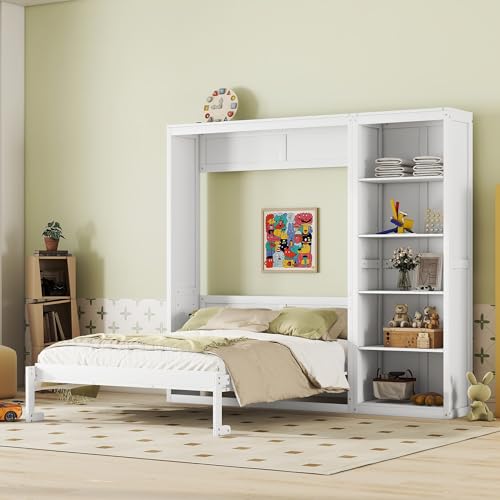 Harper & Bright Designs Full Size Murphy Bed Wall Bed with Storage Shelves, Drawers and LED Lights