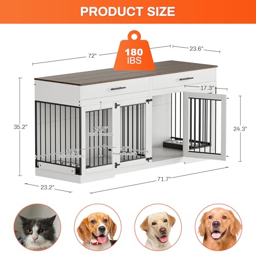 Rophefx 72" Dog Crate Furniture for 2 Dogs, Large Double Dog Kennel Indoor Furniture with 2 Storage Drawers and Removable Divider