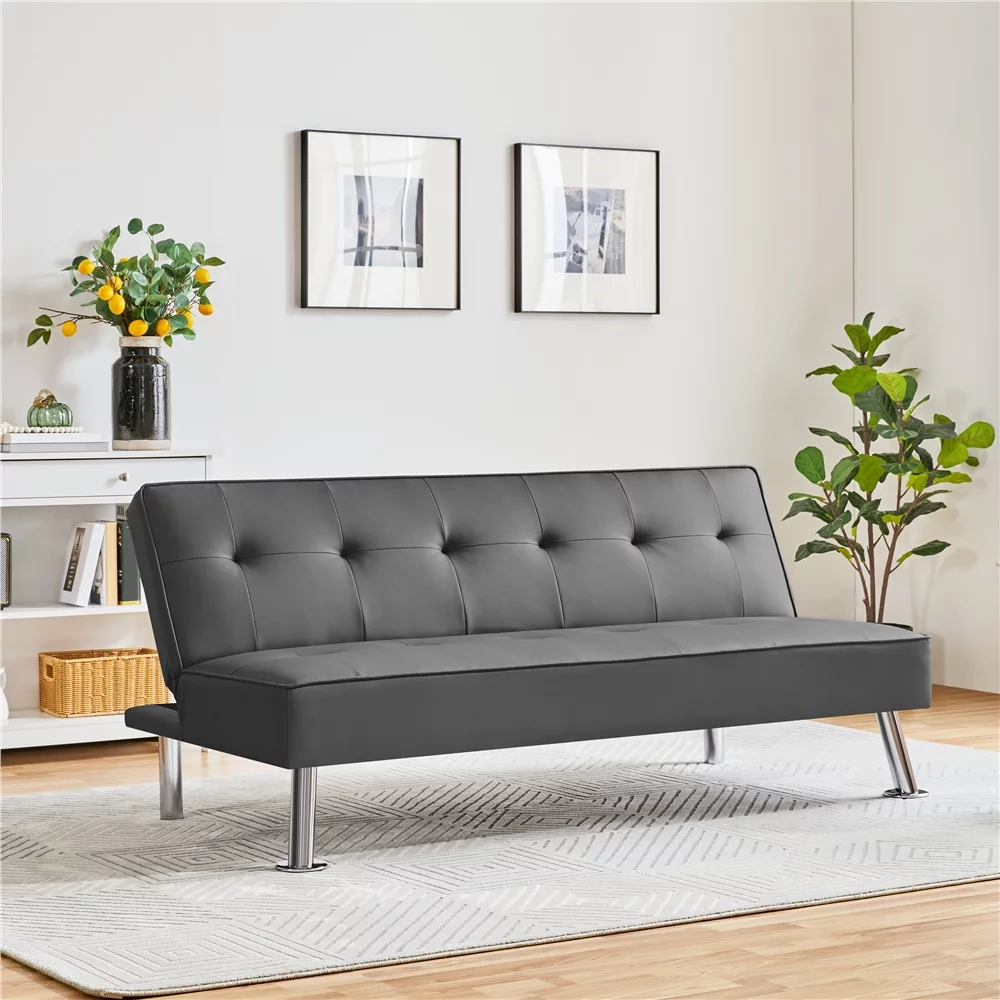 Easyfashion Convertible Faux Leather Futon Sofa Bed, Gray