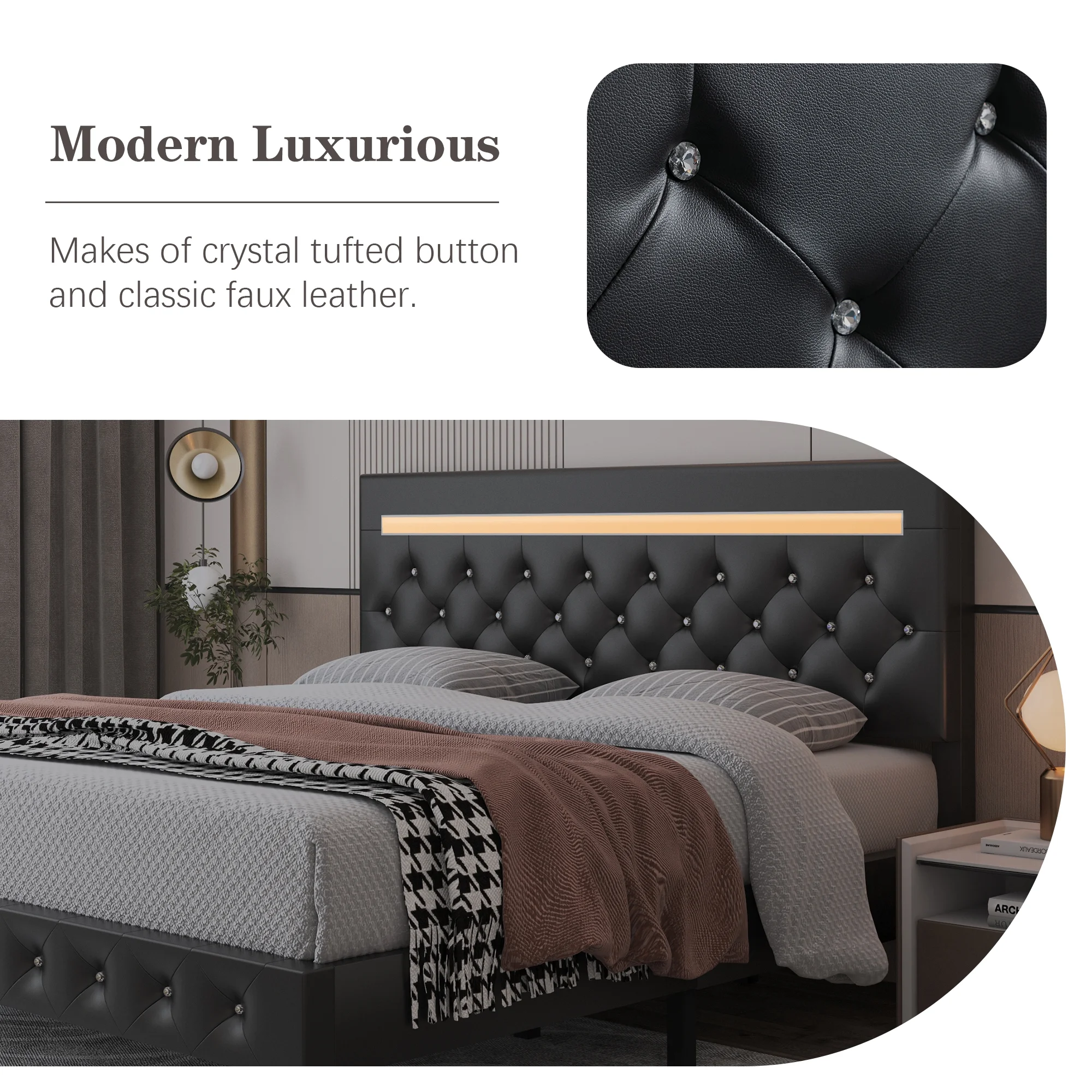 Kallabe Full Size  Bed Frame with Headboard, LED Leather Bed Frame Full, Upholstered Platform Bed with USB Ports & Socket, APP Control