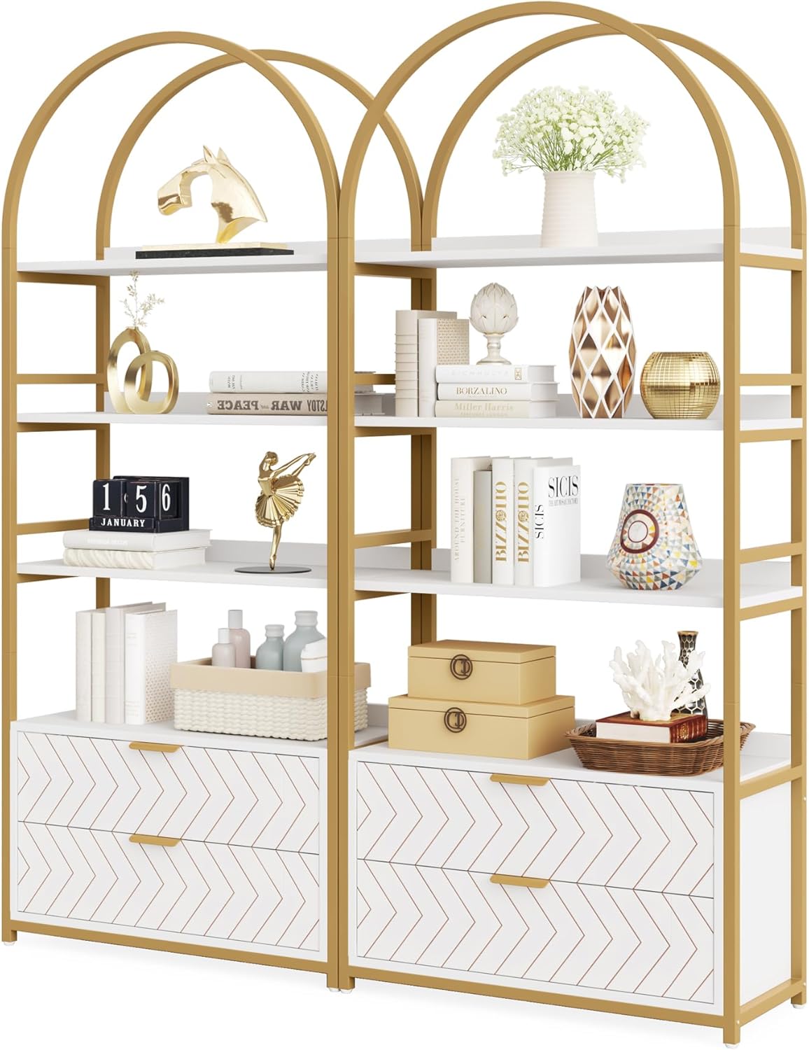 Tribesigns 4-Tier Bookshelf with 2 Drawers, 74.80”H Tall Bookcase 4 Display Shelf Small Place