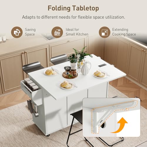 Kitchen Island with Power Outlets & Drop Leaf, Kitchen Cart with Storage, Drawer and Spice Rack, Tower Rack, Island Table, White and Walnut