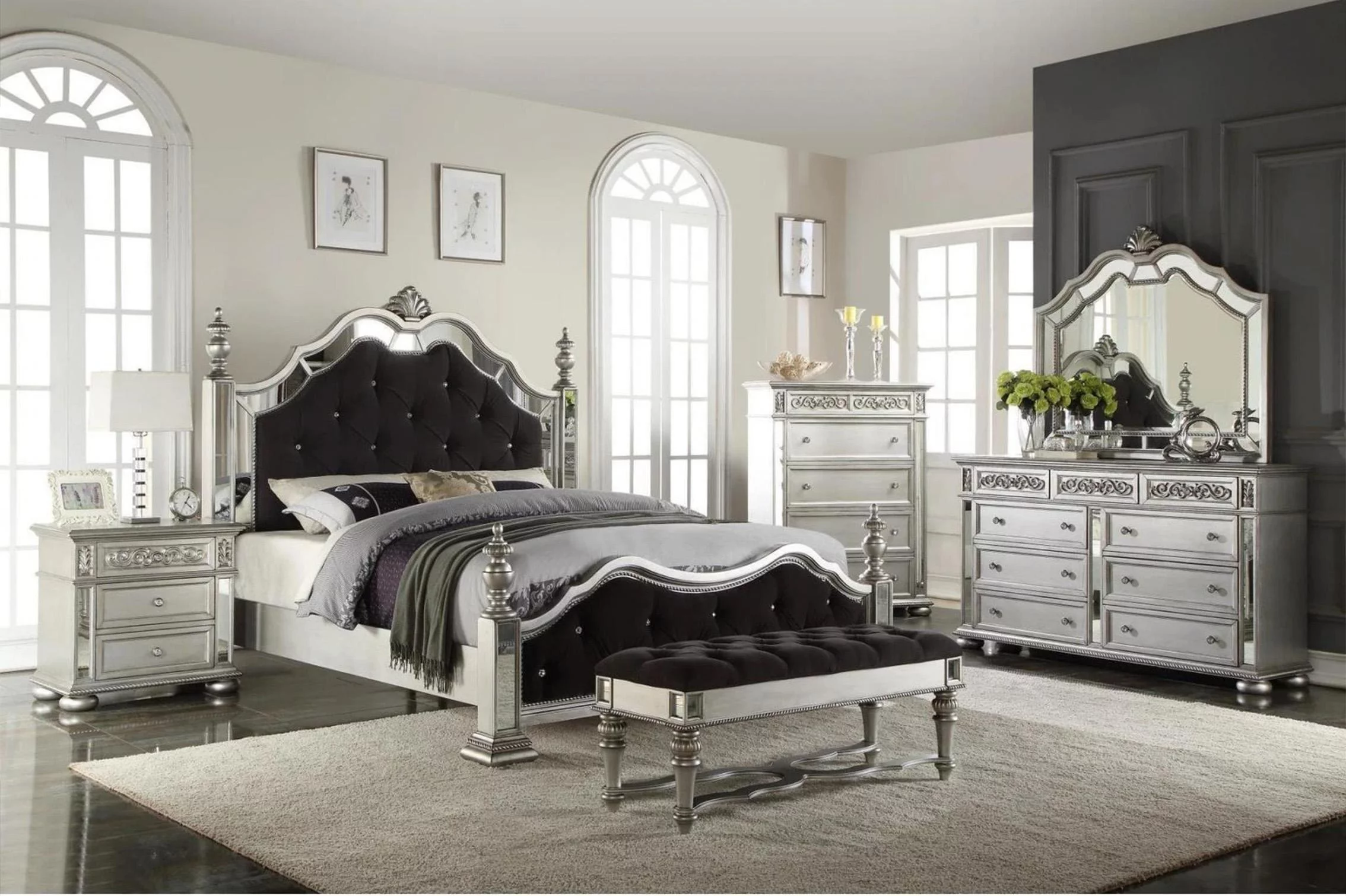 Glam Black Silver & Mirror Queen Poster Bed McFerran B1722 Modern Contemporary