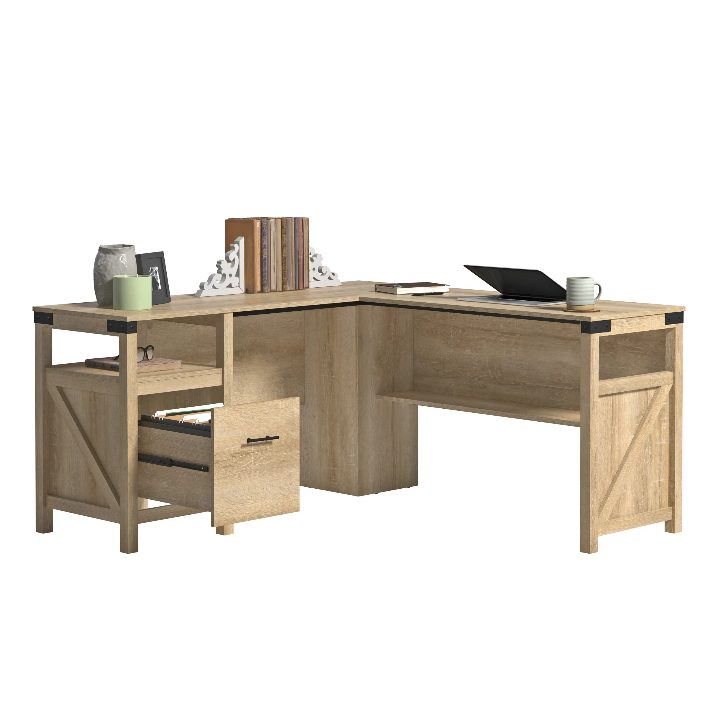 Sauder Saddler Way L-Shape Computer Desk with File Drawer, Orchard Oak Finish