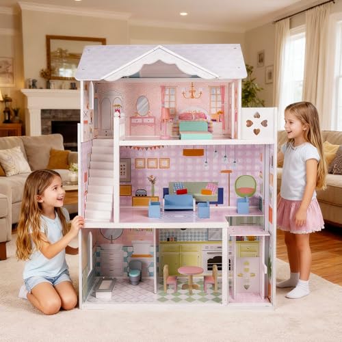 Large Wooden Dollhouse with Working Elevator & Balcony - 3 Stories 6 Rooms Doll House Playset with Furniture Accessories