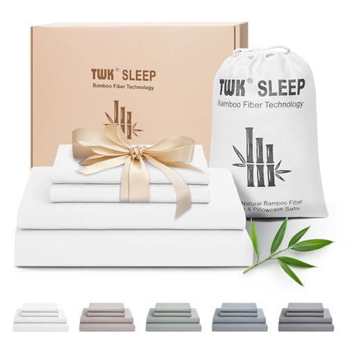 TWK Luxury Sheet Set, Genuine 100% Organic Viscose Derived from Bamboo, Cooling & Breathable, Silky Soft, Bedding Sheets & Pillowcases (Bright White