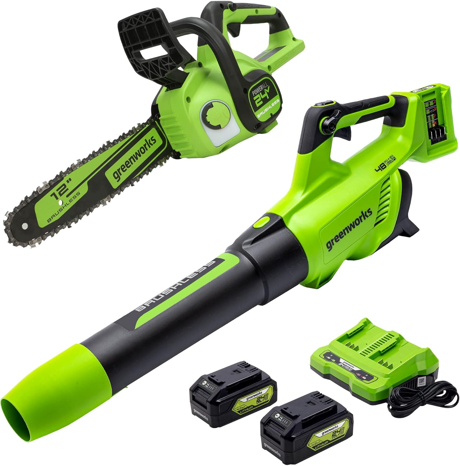 Greenworks 48V (2 x 24V) Brushless Cordless Axial Blower (140 MPH / 585 CFM), (2) 4.0Ah USB Batteries (USB Hub) and Dual Port Rapid Charger Included