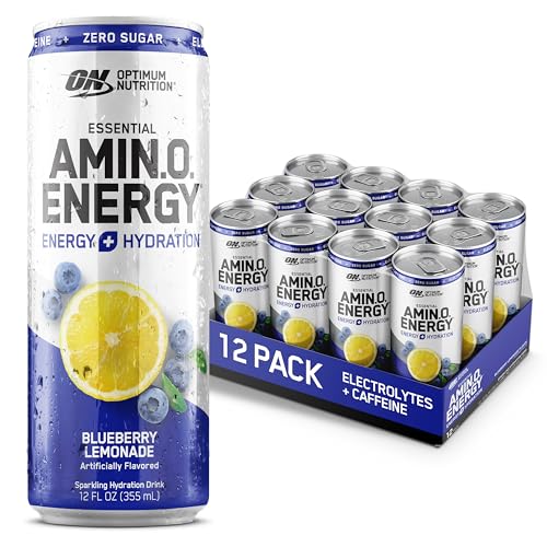 Optimum Nutrition Amino Energy Sparkling Hydration Drink, Electrolytes, Caffeine, Amino Acids, BCAAs, Sugar Free, Juicy Strawberry, 12 Fl Oz