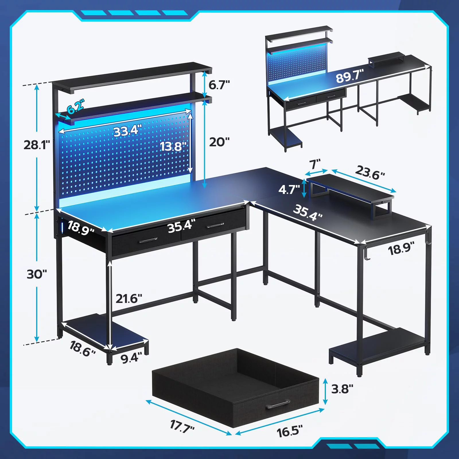 L Shaped Gaming Desk with LED Lights and Hutch,89.7" Home Office Computer Desk with 2 Drawers&Monitor Stand&Pegboard&Storage Shelves,Black
