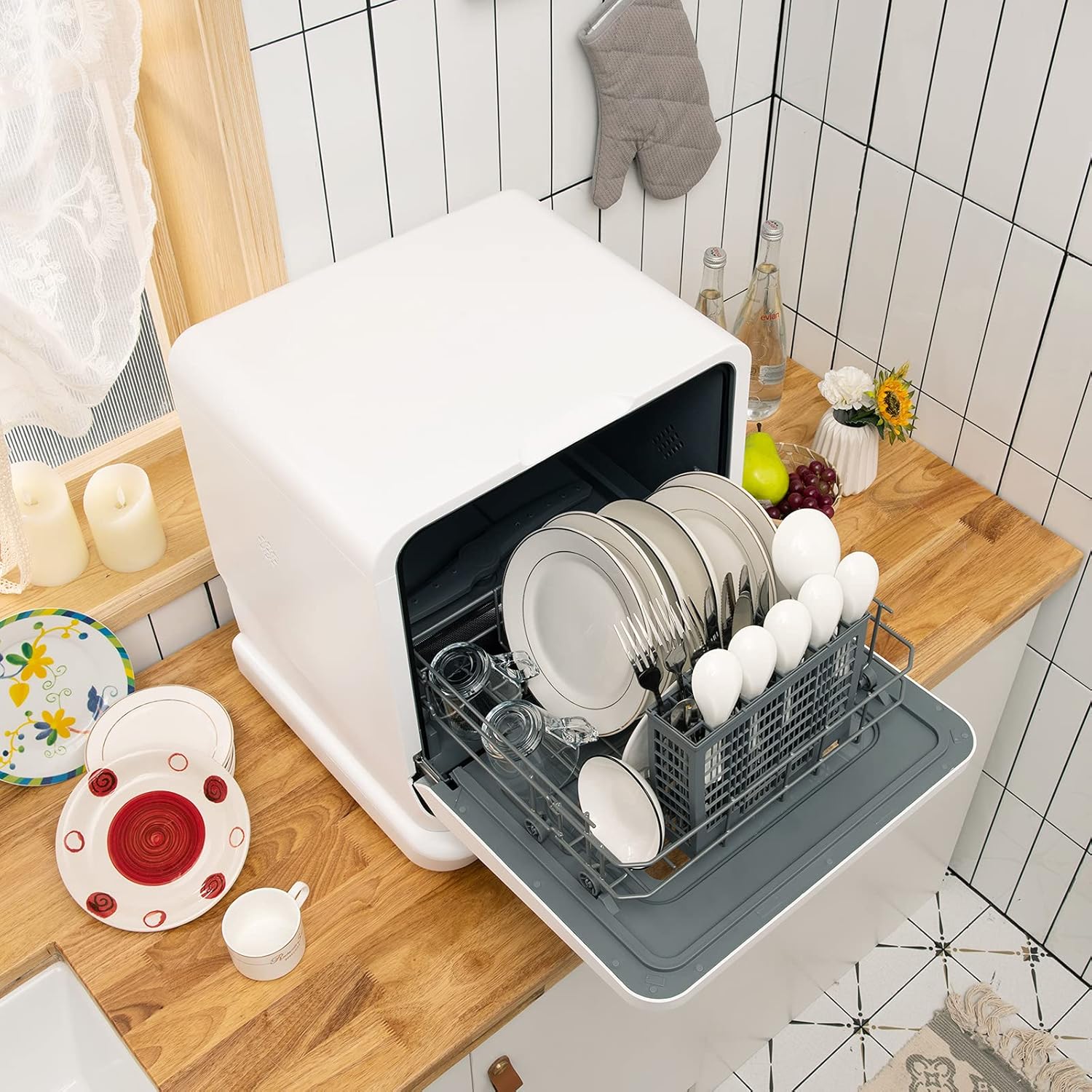 COSTWAY Portable Countertop Dishwasher, Compact Dishwasher with 7.5 L Built-in Water Tank, 360° Dual Spray Arms, 5 Washing Programs, Air-Dry Function