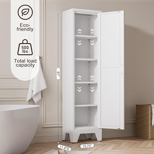 Tall Bathroom Cabinet,Narrow Metal Storage Cabinet with 5 Adjustable Shelves and Single Barn Door,Slim Pantry Storage Organizer for Bathroom,Kitchen