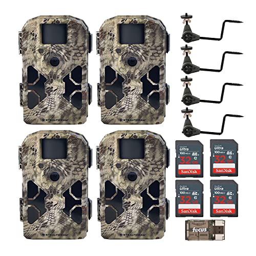 Stealth Cam 2022 G42NG 32MP Trail Camera (4-Pack) with Tree Mounts, No-Glow Flash, 100-Ft. IR Range, Kryptek Camo Bundle with Holder, 32GB Card