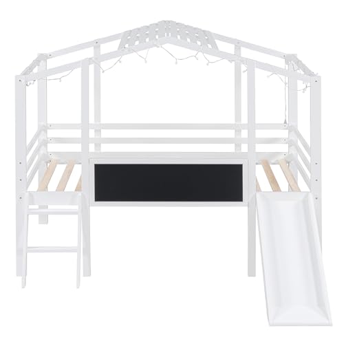Harper & Bright Designs Kids Twin Low Loft Bed with Slide and Storage Shelves, Wood Playhouse Loft Bed Frame with a Tent & Stairs