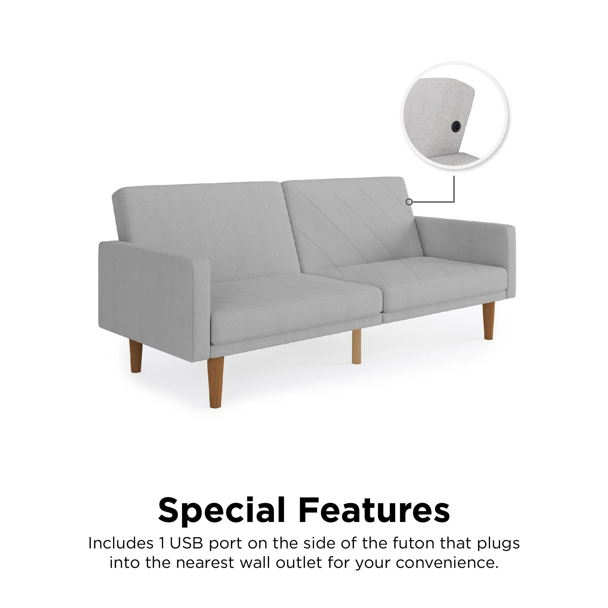 DHP Paxson Futon with USB Port, Convertible Sofa Bed, Light Gray Linen