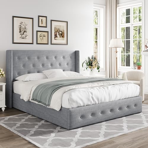 Allewie Full Size Lift Up Storage Bed, Modern Wingback Headboard, Hydraulic Support, No Box Spring Needed, Light Beige