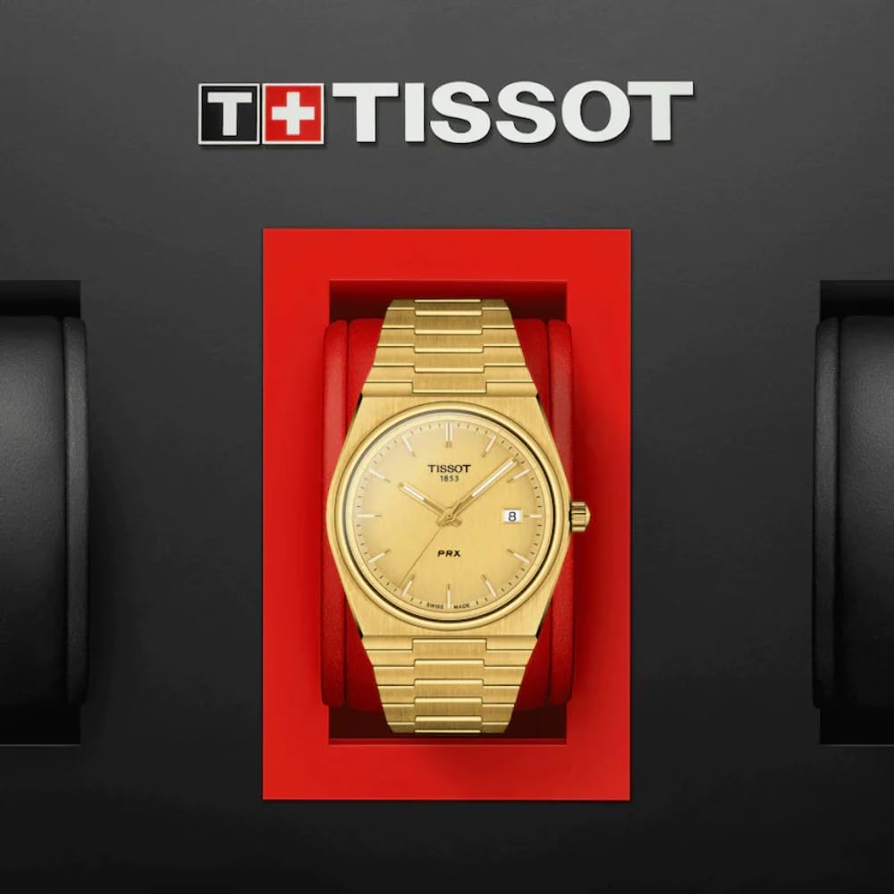 Tissot Mens PRX 316L Stainless Steel case with Yellow Gold PVD Coating Quartz Watch, Yellow, Stainless Steel, 12 (T1374103302100)