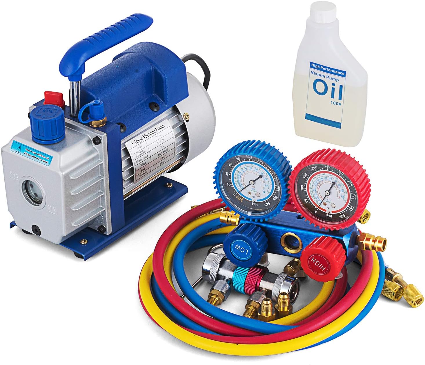 BLTPress 3.5 CFM Vacuum Pump Kit 1/4 HP Single Stage Vacuum Pump and R134a AC Manifold Gauge Set Kit for HVAC Air Conditioning Refrigeration