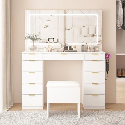 Farmhouse Vanity Desk with Sliding Lighted Mirror & Stool, Vanity Dresser Combo, Large Makeup Vanity with 8 Storage Shelves, 5 Drawers
