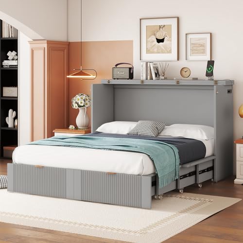 Harper & Bright Designs Queen Size Murphy Bed Cabinet Wall Bed Chest with USB, Charging Station and Large Storage Drawer for Home Office (White)
