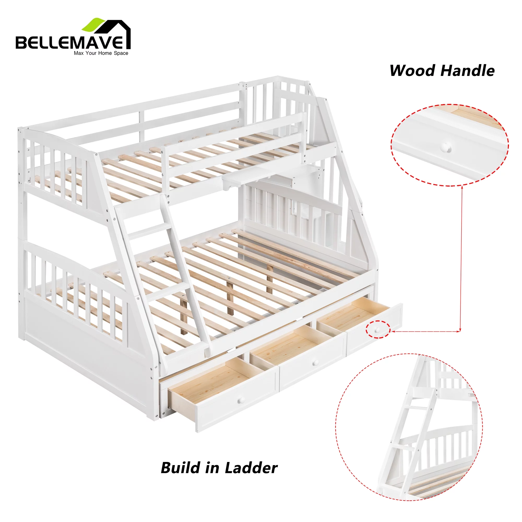 BELLEMAVE Twin over Full Bunk Bed with there drawer, bulid in ladder and storage stairs, Convertible into 2 beds