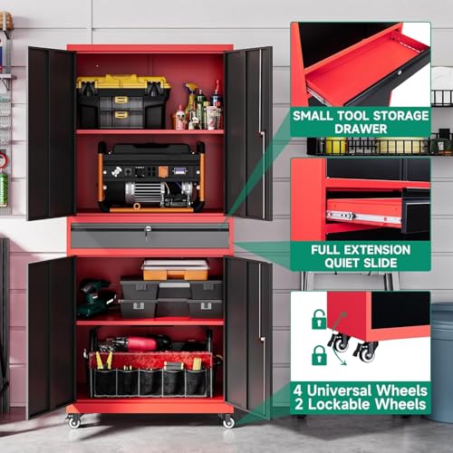 Letaya Metal Garage Storage Cabinet with Drawer,4 Door Tool Cabinet with Lock-2 Adjustable Shelves for Garage Home Office Utility Room (Black)