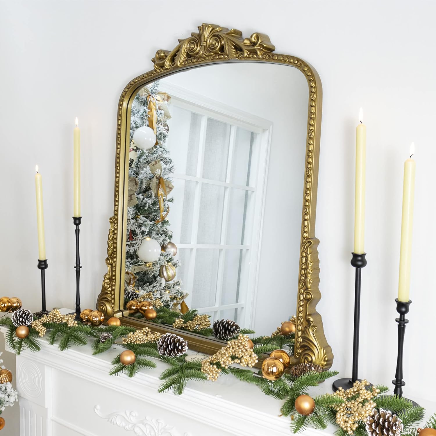 Antiqued Gold Ornate Mirror Arched Mantel Wall Mirror Baroque Inspired Bathroom Vanity Rectangle Wall Mounted Mirror, 30 x 34''