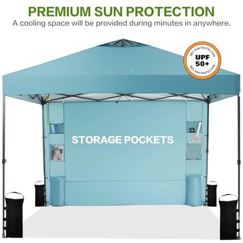 10'x10' Pop Up Canopy Tent with 1 Sidewall and 6 Pockets, One Push Setup, Instant Shade Tent with Vented Roof for Beach Patio Outdoor, Case, 8 Stakes